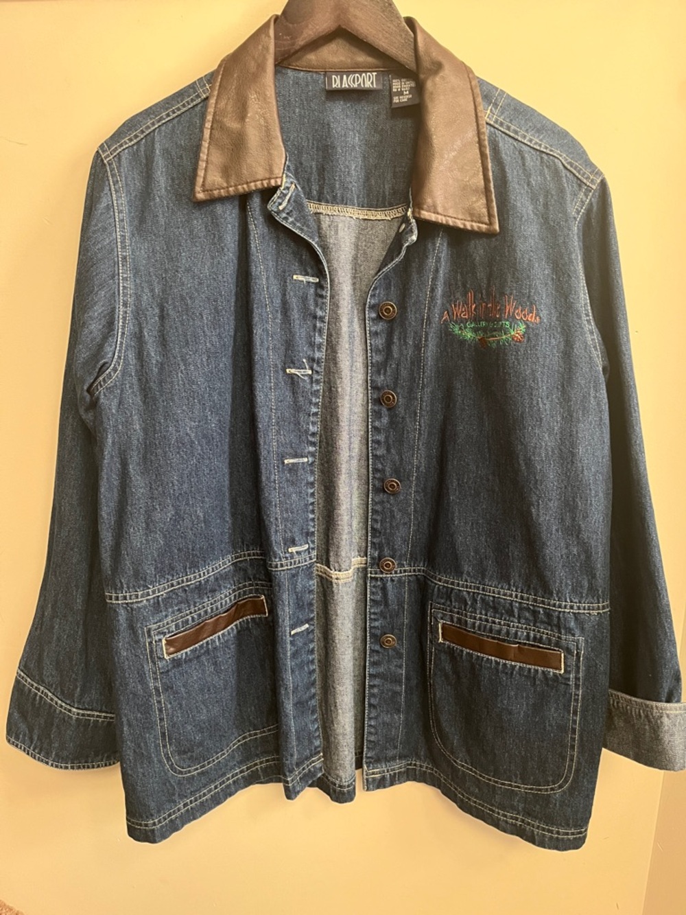 Denim Jacket with Brown Faux Leather Trim